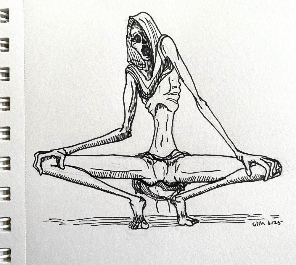 A drawing of a Pthumerian, a catacomb humanoid creature, in a seductive pose.