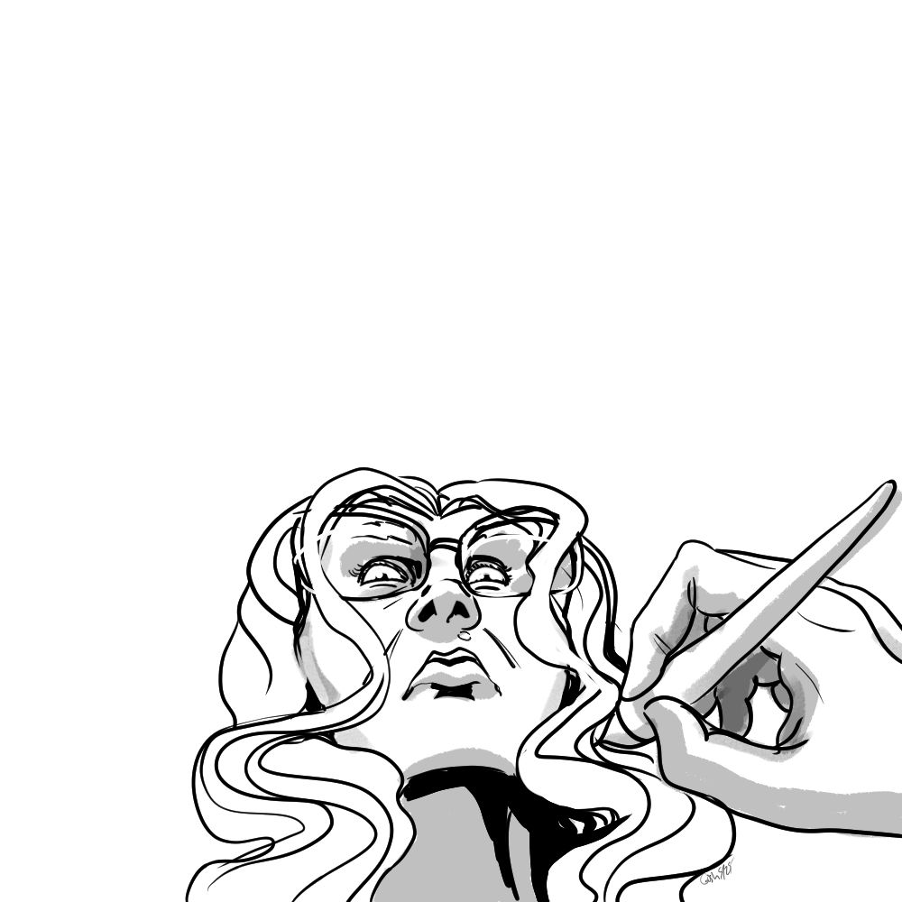 A drawing of a first person point of view of a focused woman reflected in a drawing tablet. 