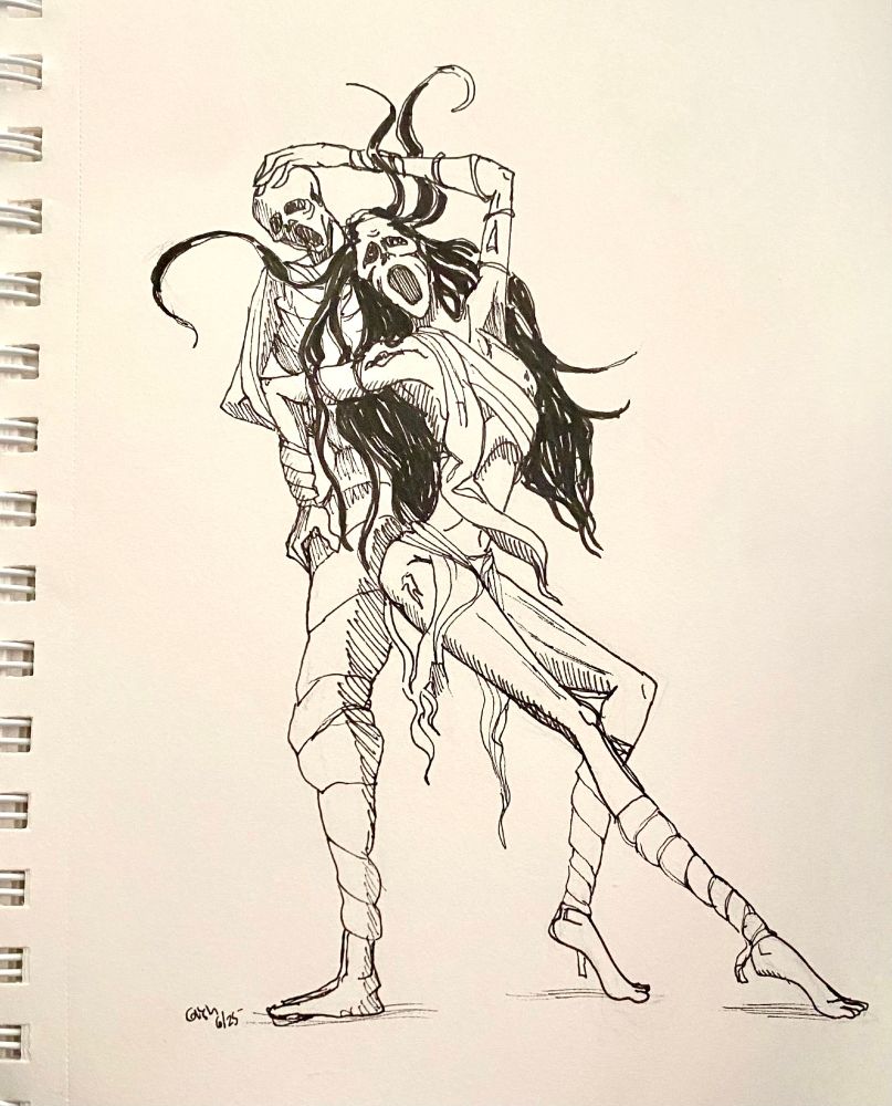 A drawing of a Pthumerian Sage, a catacomb creature that wields a mummy as a weapon, posing seductively with the mummy.