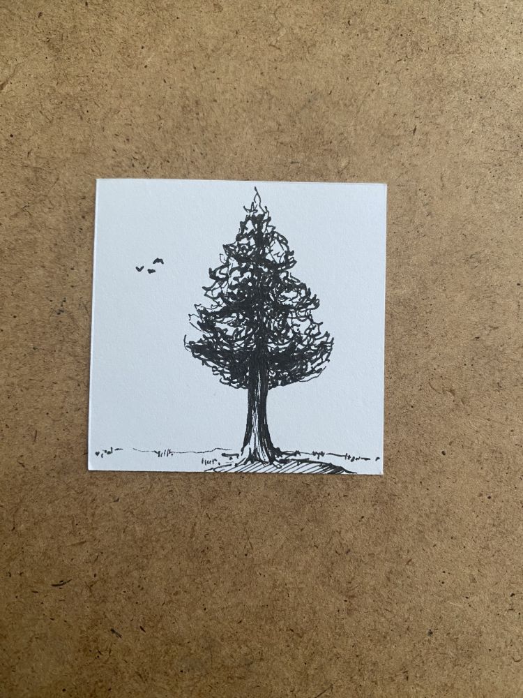 A pen drawing of a tree with three birds flying away.