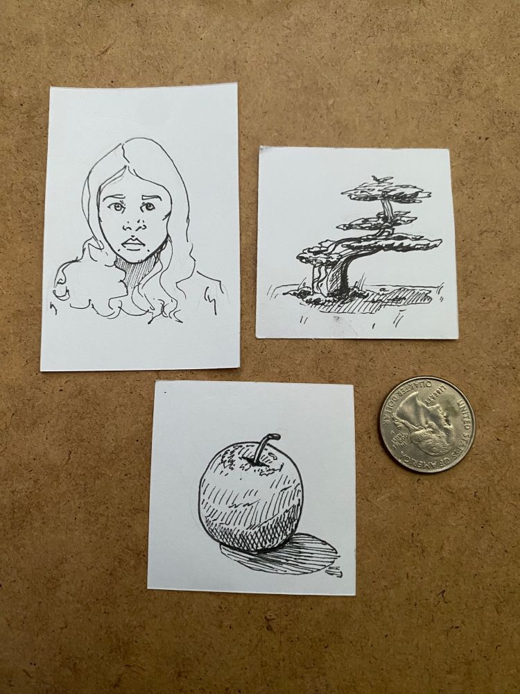 Three pen drawings next to a quarter, starting from the top left: a portrait of a woman, a tree, and a fruit.