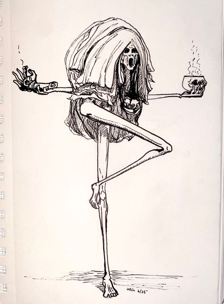 A pen drawing of a Ritekeeper from Bloodborne striking a pose. 