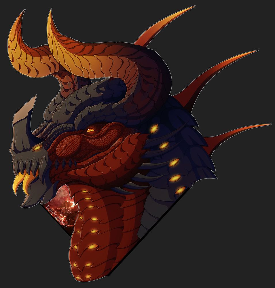 A bust of a black and red dragon character. They have horns that curve forward on their head, fading from black, to red, to yellow. They have a large horn on the top of their head, and exposed black teeth. There are three red with yellow tips spines going down the back of the neck. There are open spots between their scales that have a fiery glow. Their yellow forked tongue is peeking out in a little blep.