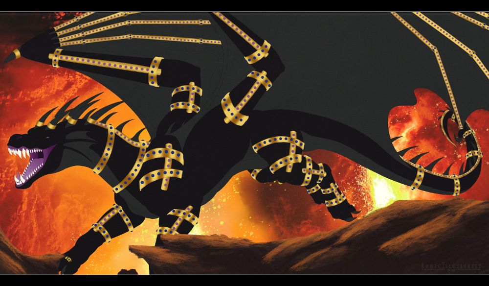 A work in progress illustration of a black dragon with a grey underbelly, flying through a volcanic cavern. His mouth is open in a snarl, with purple flesh. His eyes are a similar purple coloration. He has golden jewelry wrapped around his six main horns and wing talon. Golden bands wrap around his limbs and wings, decorated with gems of amethyst and sapphire. A ring is on his left paw, with emeralds and diamonds on it.