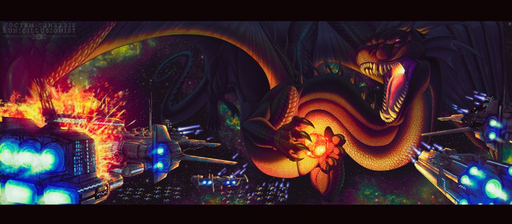 A black dragon in space, holding a star within his hands. His mouth is open in a snarl, revealing purple flesh on the inside, and several sharp teeth. His eyes are purple in color. He has a grey underbelly and wing membranes. There are six horns on his head, and a row of spikes going down his neck, back, and tail. He is flying through space, with green nebulae and stars behind him. Space ships are firing lasers at him.