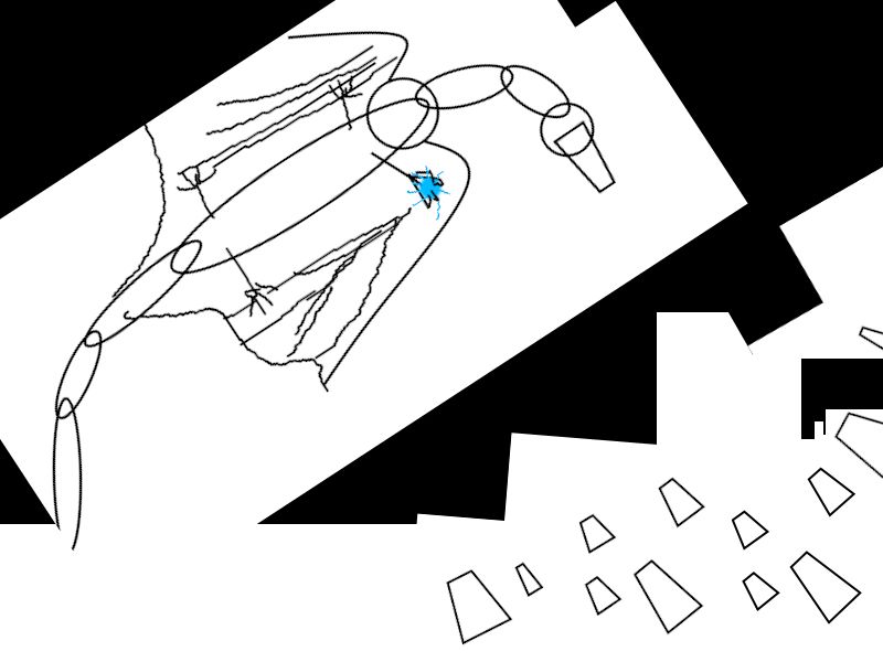 A stick figure of a dragon, holding a start in its hands, while shapes indicating ships flying in are in the bottom right corner. 