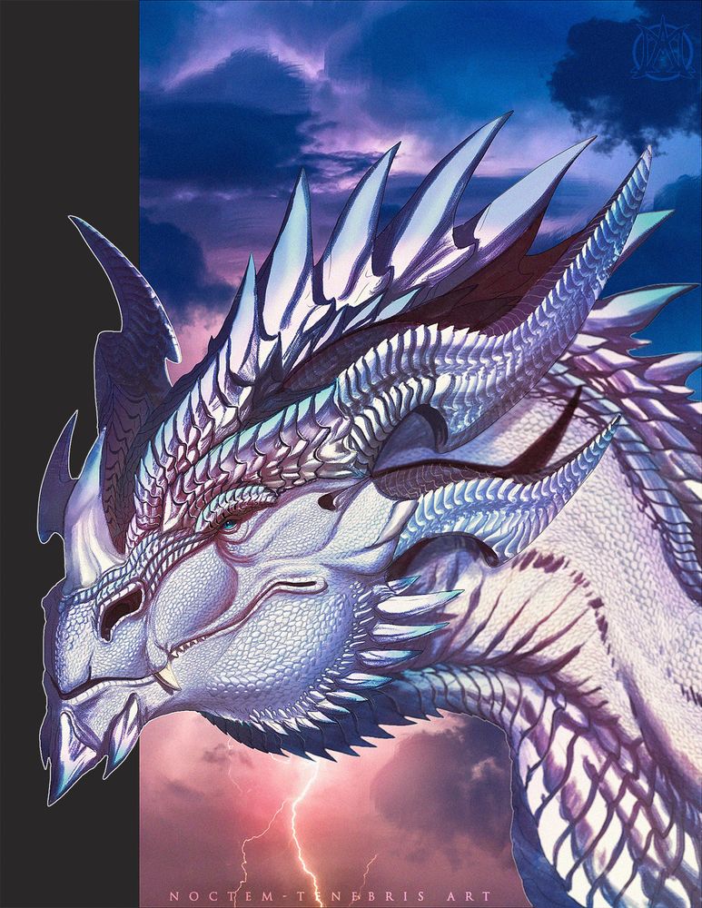 A bust painting of a wyvern character. He is mostly white in coloration, with pale blue accents one some of his scales and horns. He has a row of raised scale plates going down his head and the back of his neck. He has two large horns on his head, one horn on the end of his nose, and several spikes along his chin and jawline. There is a small scar at the top of his lip, near his nose. He has bright blue eyes. The background has stormy clouds and lightning at sunset. Artwork was done by Noctem-Tenebris.