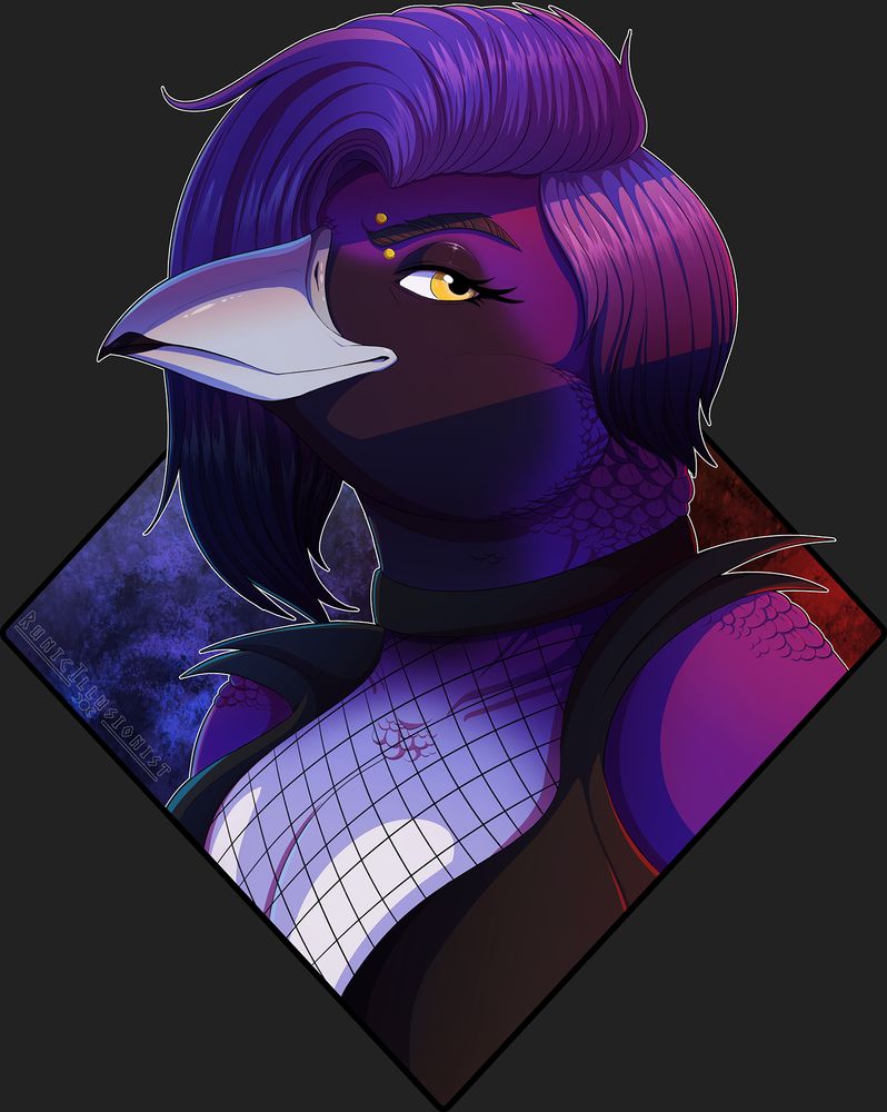 A bust of an anthro female bird. She has purple, black, white, and magenta feathers, and an asymmetrical hair style that is purple, fading into black at the tips. She is wearing a black fishnet top, and black lipstick.