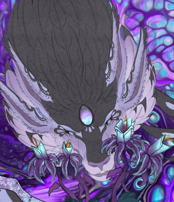 A headshot of the same alien character. She is looking at a collection of alien flowers, resembling a mix of a stargazer lily and a calla lily. They are purple and cyan in color.