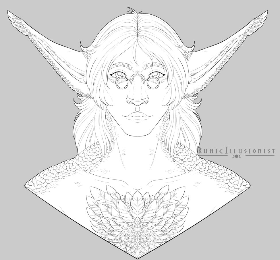 A work in progress bust of an alien character. He has hair that is just at his shoulders in length. He is wearing small round glasses at the end of his feline-like nose. There are feathers lining his long ears, and covering his body as well.