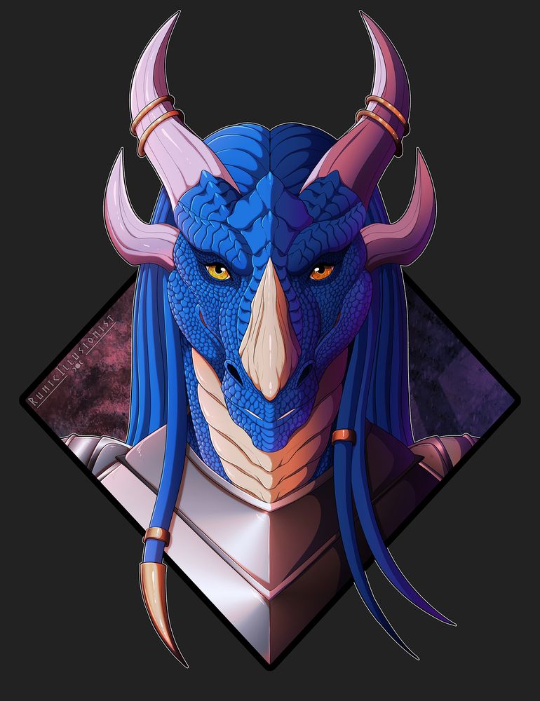 A symmetrical bust done of an anthro dragon character. She has tendril-like hair that has jewelry clipped onto a couple of the strands, and ring jewelry around two of her horns. She had golden eyes and blue scales, with a pale gold underbelly. She is wearing armor.