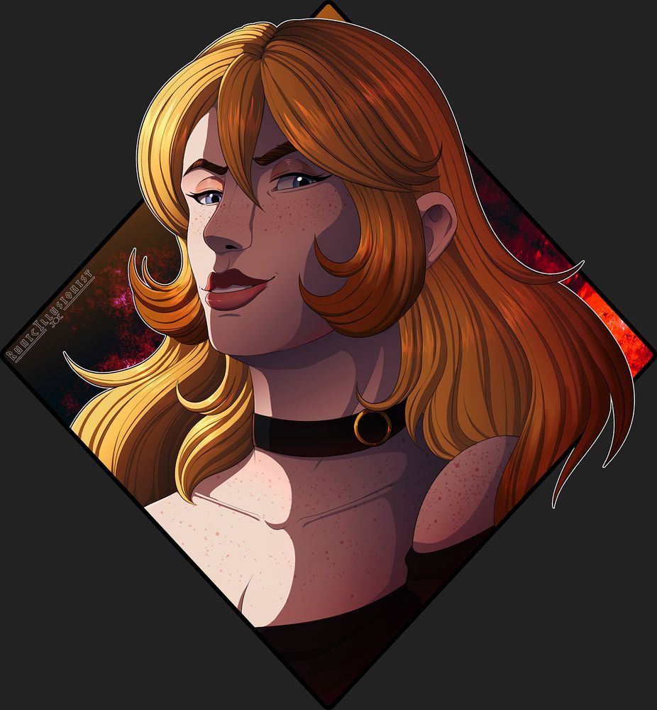 A bust of a woman with blue eyes, golden hair, with brown faded at the tips. She is wearing a black top, with a black choker with a gold ring around her neck. She is smirking at the viewer.