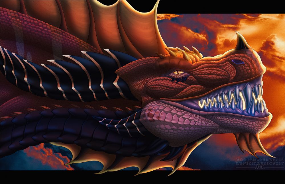 A landscape portrait of an orange and red dragon, against a sunset sky background. He has glowing golden eyes, and a sharp tooth grin as he looks at the viewer.