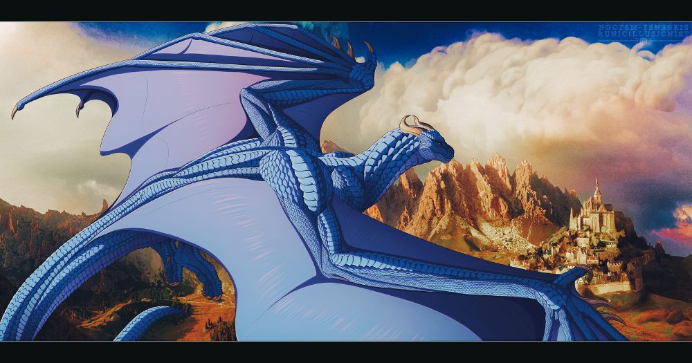 A digital celshade piece of a large blue dragon flying towards a walled city. It is a cloudy day, and there are mountains in the background.