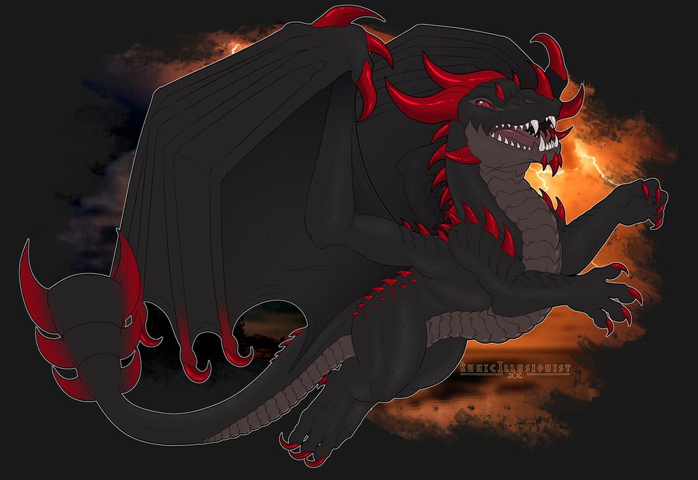 A digital art piece of a chibi black dragon with red spikes and horns along his body. His mouth is open with a devious look in his red eyes. He is flying in front of a stormy sea, with orange lightning in the background.