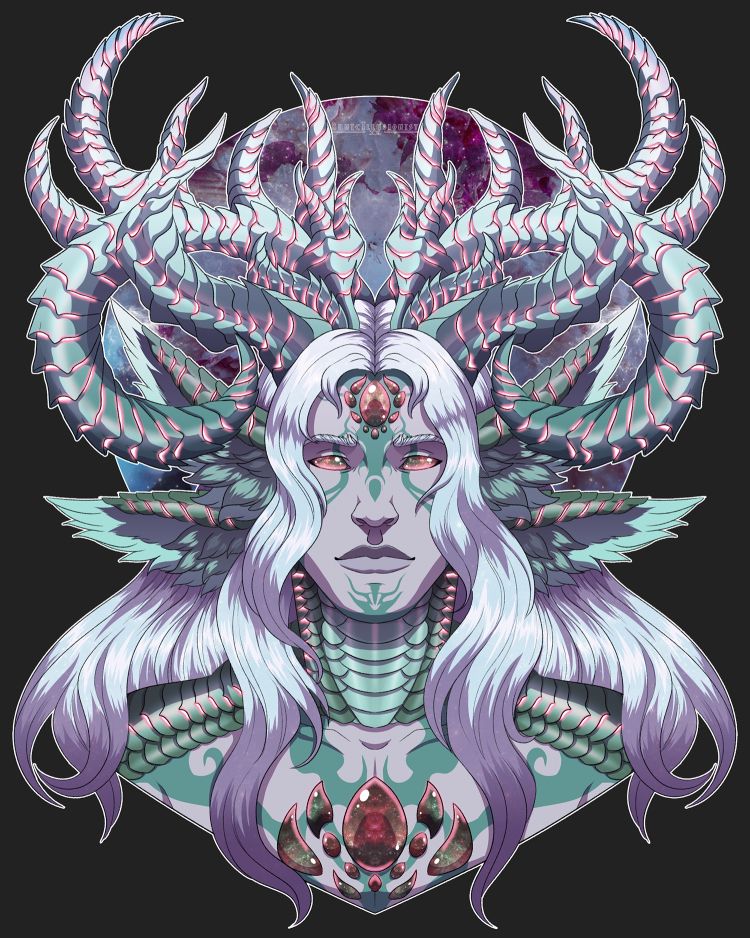 A bust of an alien character. They have a crown of antlers on their head that is a very pale spearmint green, fading into a darker green, with a pink glow in between the segments. They have long silver hair with faint stars within it. There are several gems on their forehead and chest, being rose and green colored nebulae and stars within them. Their eyes are a similar color to their gems, having galaxies within them. Their skin is a pale grey, with green markings on their forehead, going down their cheeks and nose, and on their chin and chest. They have four, long ears, with green scales and pink glowing inlets along the top part, while the bottom is covered in pale green fur. They have scales along their neck and shoulders, also green in coloration, with pink glowing inlets. 