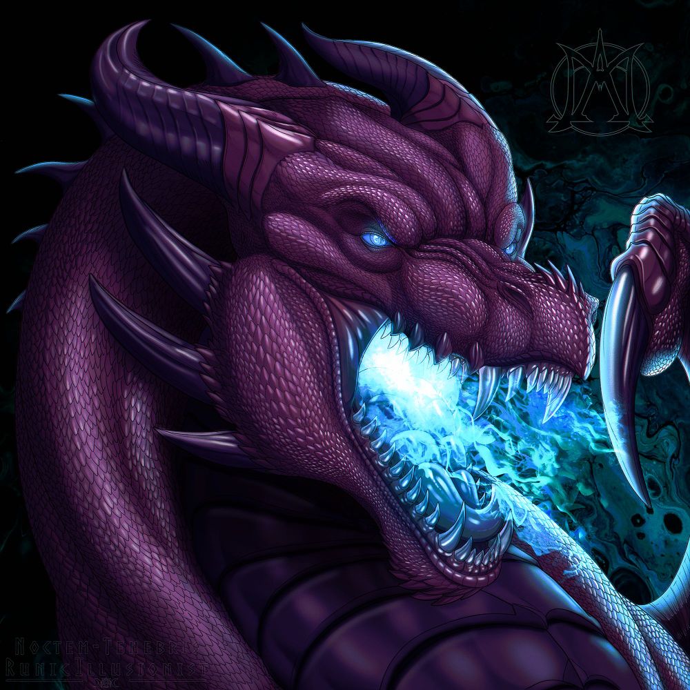 A digital portrait painting of a purple dragon. He has two curled horns on his head, and spikes that go down the back of his neck. There are three long spikes that go up his cheek. His blue eyes are glowing, with his mouth open, and blue flames coming out. One wing talon is close to his mouth.