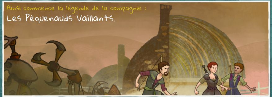 Capture d'écran de début d'aventure sr Wildermyth. On peut lire "Ainsi commence la légende de la compagnie : Les Péquenauds Vaillants" . Oui j'avais pas d'inspiration. 