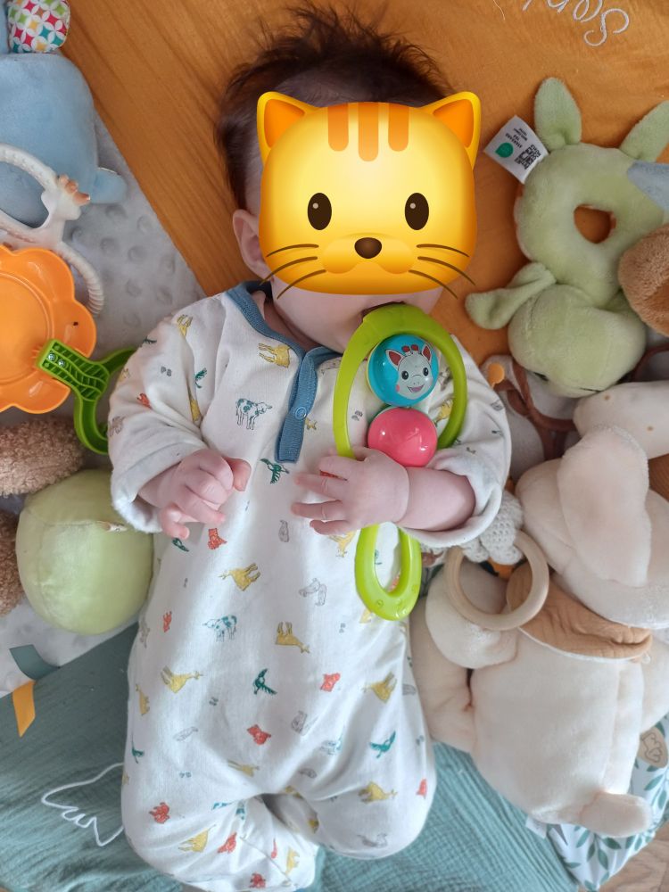 Photo de ma fille visage masqué, sur un tapis d'éveil, entourée de jouets, en train de mettre dans sa bouche un hochet en plastique. Elle a un joli pyjama avec des marmottes, des vaches, des biches et des oiseaux. 