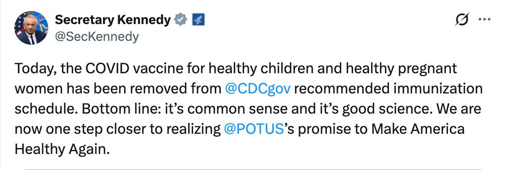 HHS secretary Kennedy announcing that Covid vaccine is no longer recommended for pregnant women, including a lie that it is “good science”