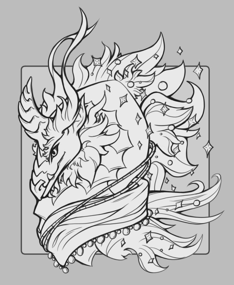 Grayscsle line art digital illustration portrait of a Cirrus Dragon from Flight Rising