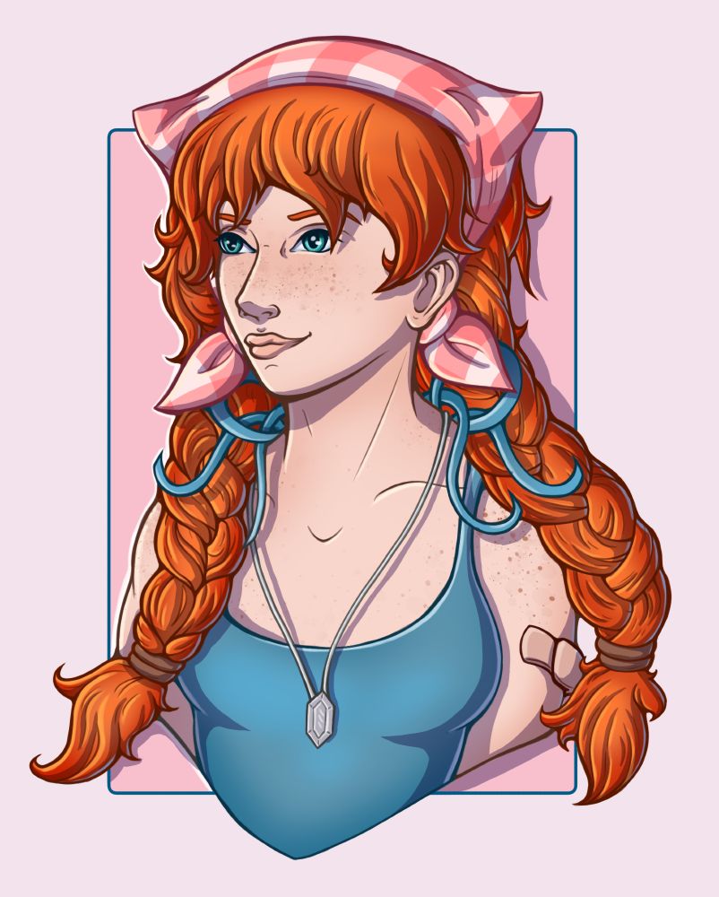 Portrait digital illustration of a red haired young woman with teal-ish eyes, a red and white checkered bandana, a teal spaghetti strap top, and a silver jewel necklace