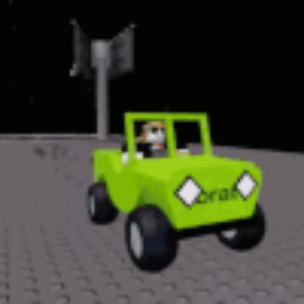 a green jeep with a person in it is driving down a street .