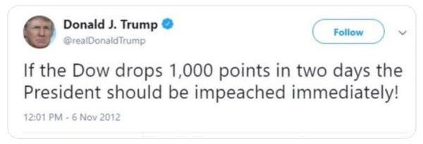 Tweet: Donald J. Trump says "If the Dow drops one thousand points in two days the president should be impeached immediately!"