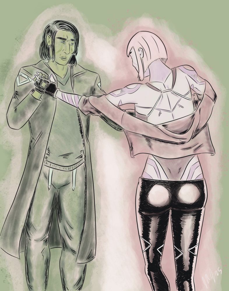 Digital painting of Dev Magus and Eliza Hellbound from The Power Fantasy. Dev is a South Asian man with lanky shoulder-length black hair. He is wearing a sweatshirt, sweat pants, and a long tench coat. Eliza is a white woman with chalk white skin and hair in a straight chin length bob. She is wearing a backless one piece swimsuit with low rise pants and a light jacket off her shoulders. Dev and Eliza are dancing with each other.