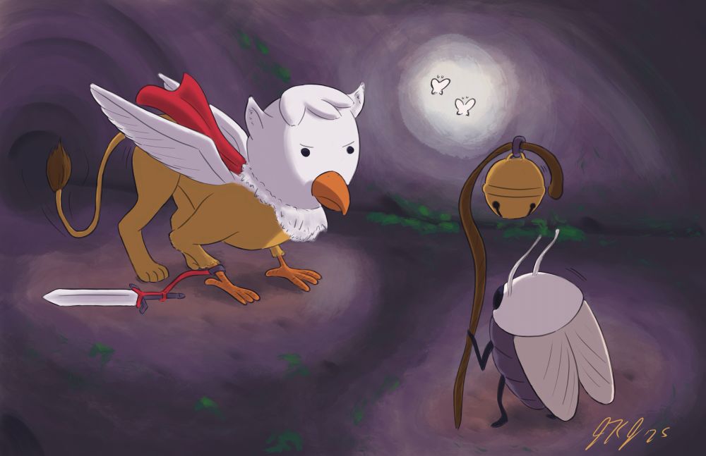 Digital painting of a baby griffon facing off with a bug.