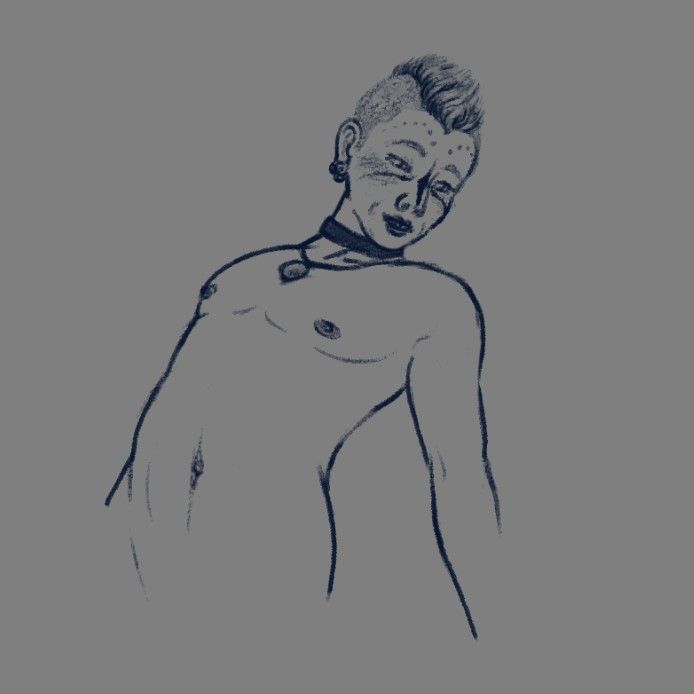 An unfinished digital sketch of a nonbinary person. They are leaned back in a flirty pose. They have no clothing on, but they do have on a jade pendant necklace, cloth choker, and some simple hoop earrings.