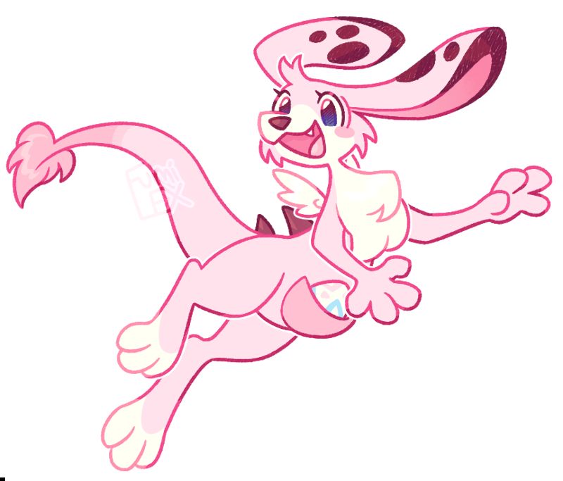 digital art of my fursona Cupie, in the form of a zafara (neopet)! She has pink fur with white and dark brown accents, mini angel wings, and a belly pouch containing a togepi-like egg. She is posed mid-jump with a happy expression