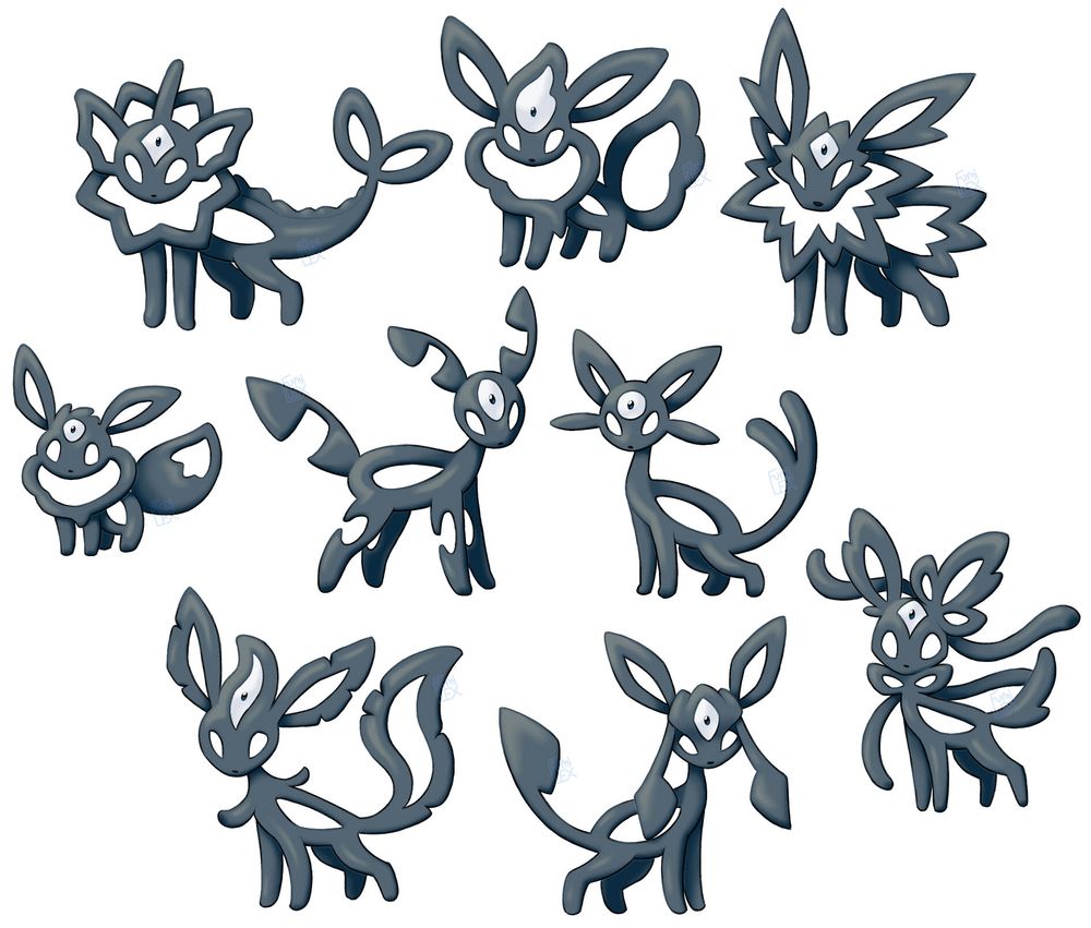 a collection of digital drawings of the pokemon unown, except in the shape of eevee and eeveelutions through the use of silhouettes and negative space. The top row features vaporeon, flareon, and jolteon. Middle row is eevee, umbreon, and espeon. Bottom row has leafeon, glaceon, and sylveon. 