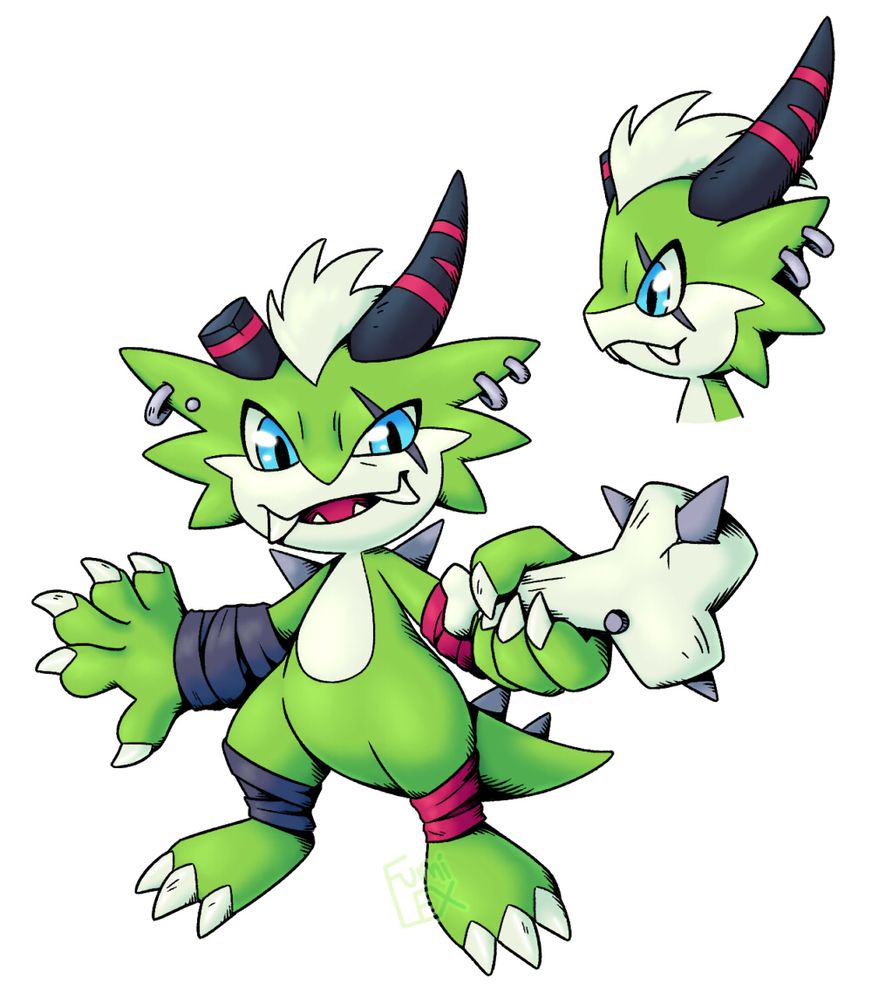 digital art of a digifake (fan-made digimon) based on Ogremon, but with the anatomy of Veemon. Its body is lime green with white facial and belly markings. It has a white mohawk growing between two black horns with red stripes, and also has large fangs and grey spines on its shoulders and down its tail. The wrappings on its limbs are dark grey on its right side, and red on its left side, and it wears silver piercings on the uppermost projections of its ear-like frills. Its eyes are blue and there's a grey scar over the left one. It points a spiked bone towards the viewer with an aggressive smirk on its face, perhaps challenging them to fight.