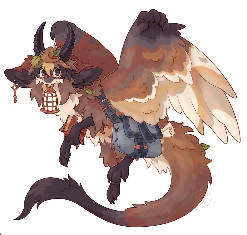 digital art of my oc Filoplume, a dragon-like creature with physical features from many different animals. She has a long body covered in plush, brown and cream colored fur, with leaves clinging to it here and there. She has dark, antelope-like horns and large, owlish pseudo-wings with paws on them. She carries a bag slung over one wing, a book and rat friend in her arms, and a lantern in her mouth. She also wears small bronze glasses and a key hanging from one ear, like an earring. #oc