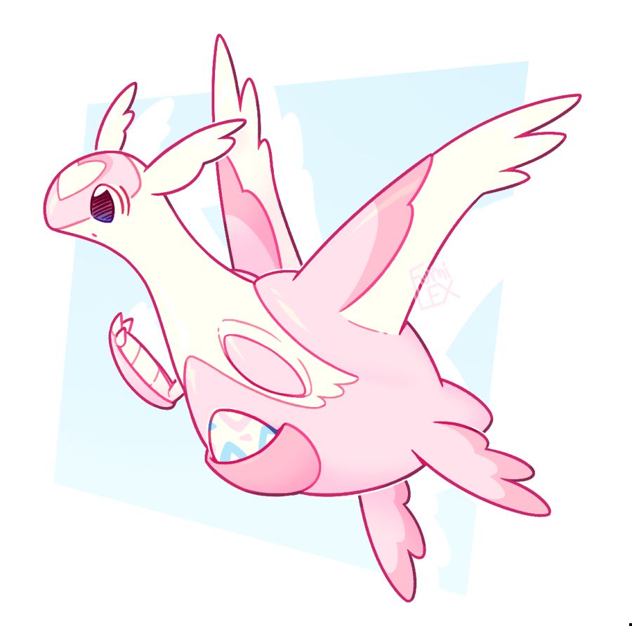 digital art of my pokesona Cupie, in latias form. She is white and pink with a heart shaped forehead mark, more feathery shaped ‘ears’ and wings, and a chansey style pouch carrying a pastel togepi egg.