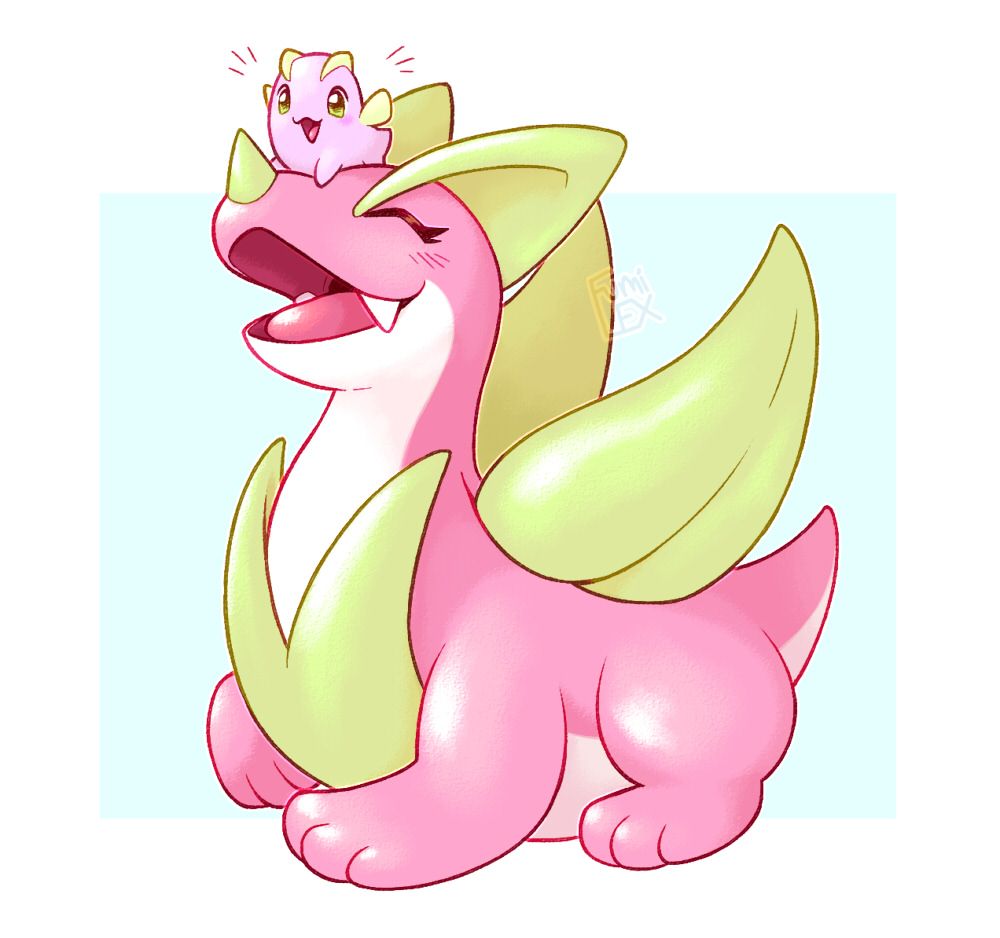 digital art of the monster Apo SG from Monster Crown, with a baby Apo sitting on it's nose! Both have happy smiling expressions