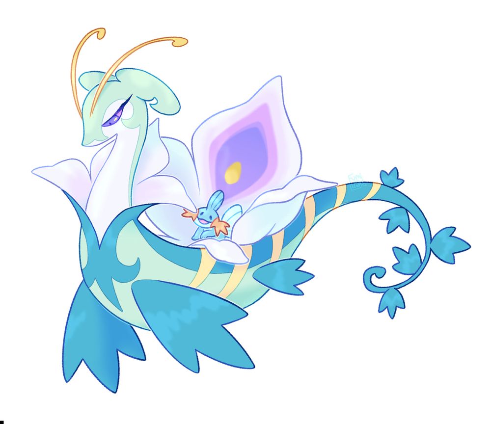 digital art of a pokefusion (pokemon fusion) between Lapras, Serperior, and Meganium. It has Serperior's long serpentine body, but with a thicker torso, making it somewhat lapras-like, and leaf-shaped fins. On its back is a large water hyacinth, a small mudkip sitting within. The regal air of the pokehybrid and throne-like flower seat implies the mudkip is perhaps, somewhat important, maybe even royalty. 