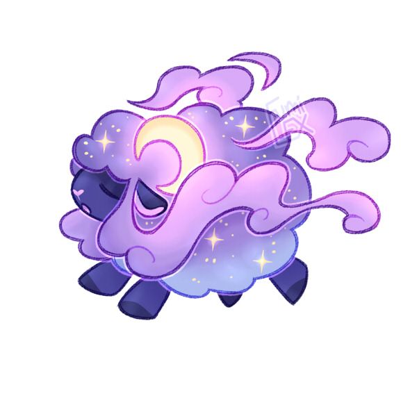 digital art of the pokemon wooloo. Its fur is made of soft, wispy clouds and is dotted with twinkling stars, while the horns resemble yellow crescent moons. Its pose is running forward, but the eyes are closed in a sleepy expression. The colors are a gradient of dark and light purple with pink and blue undertones, and softly glowing yellows