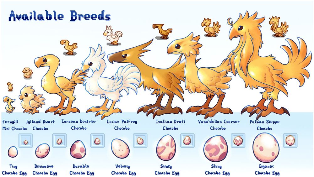 a digital drawing of different breeds of chocobos, a type of large bird from Final Fantasy. Each is lined up for easy comparison between the different breeds shown, based on the different types of appearances they have between the different FF games. Underneath is the corresponding egg that each breed hatches from, and above are pixel sprites of each breed as they appear in Chocobo Valley, my Stardew Valley mod which adds them into the game as barn animals. 

From left to right are: 
Ferngill Mini (tiny egg) a custom breed that resemble babies into adulthood, 
Jylland Dwarf (diminutive egg) from FFTA2, 
Eorzean Destrier (durable egg) from FFXIV, 
Lucian Palfrey (velvety egg) from FFXV, 
Ivalician Draft (stinky egg) from FFXII, 
Vana'delian Courser (shiny egg) from FFXI, 
and Pulsian Steppe (gigantic egg) from FFXIII
