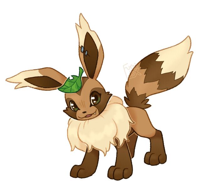 digital art of the Pokemon Eevee, but redesigned into a Digimon. Named Eeveemon (ik sooo original right? lol) it greatly resembles a regular Devee, but with additional dark brown tanuki-like markings and cream ear tips. A bright green leaf rests on its forehead, its eyes a mix of the same green with brown (hazel?)