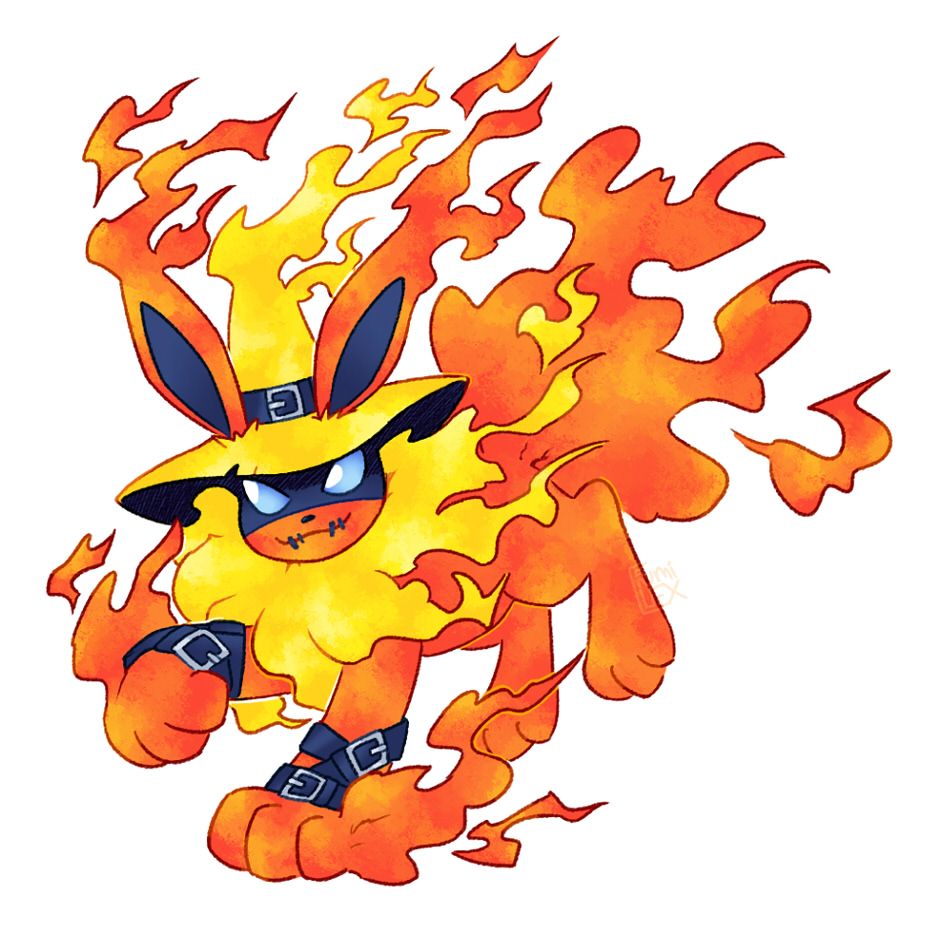 digital art of BlazingEeveemon, a pseudo-evolution of Eeveemon where the data of Meramon + Ghostmon was copy and pasted onto its own digicore.  Visually it resembles Flareon but with Meramon and Ghostmon colors/elements, including: an orange body entirely made of flames akin to those found on Meramon/Birdramon/Lynxmon, lighter yellow flames creating a ruff around its neck and brimmed hat, stitches sewing its mouth shut, and black belts wrapped on its front limbs and hat. Blue eyes glow from the shadows cast on its upper face by its hat. 