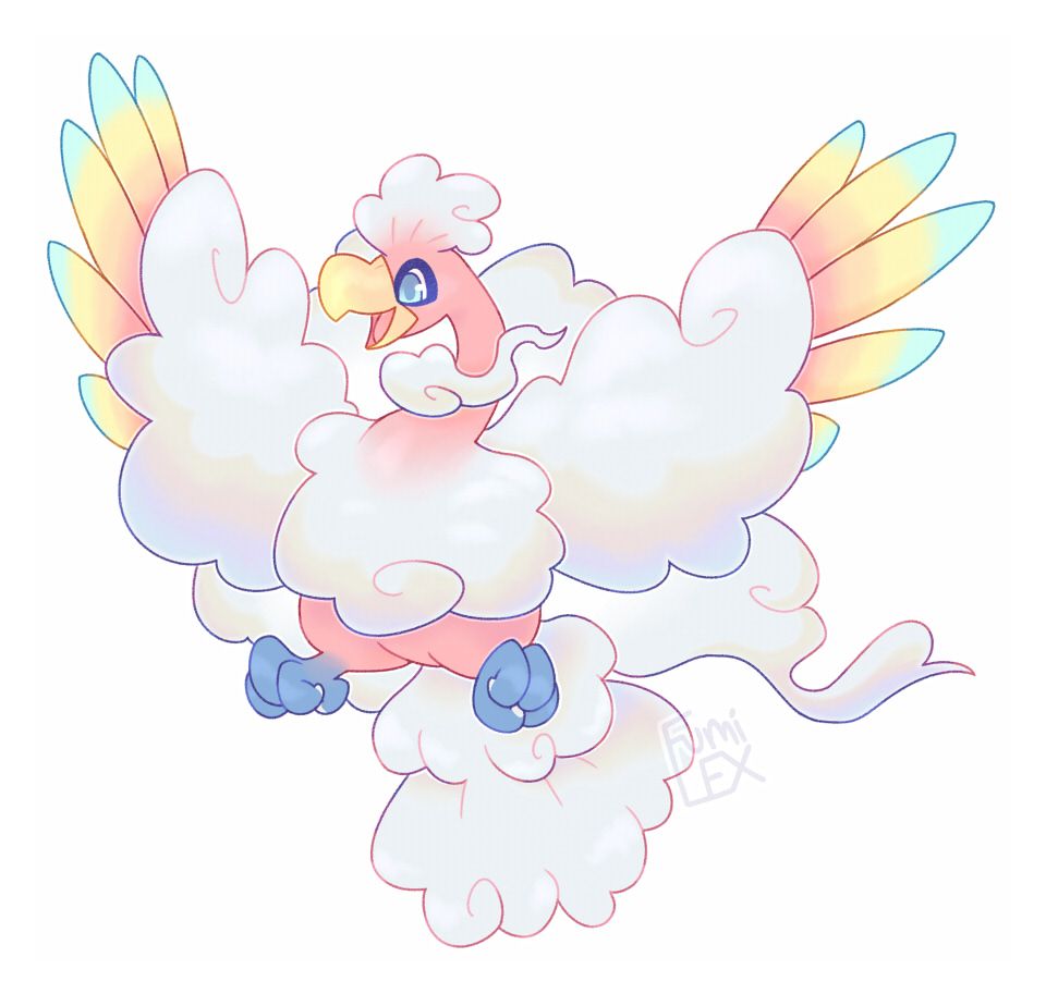 digital art of a pokefusion between the pokemon Ho-oh and Altaria. Its pinkish ho-oh body has fluffy, iridescent clouds covering its chest, wings, tail, and as a head crest. A large cloud also rests at its back, a soft light glowing from within the cloud/behind the body. It has pastel blue feet and eyes, and the tips of its wings feather poke out a tiny bit from the cloud wings, revealing a pastel rainbow of colors. 