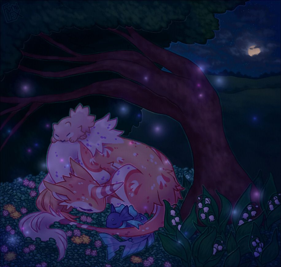 a digital illustration of a deer-like creature, known as a Weaver, curled up sleeping underneath a tree. Her fur is white and pink, her long tail and single horn resemble a unicorn's. Accompanying her are two creatures, one pink and fluffy, the other blue and fish-like. The group rests underneath a bent tree and are surrounded by clovers, flowers, and pink/blue fireflies. A yellow moon peeks out from behind a cloudy night sky in the distance.