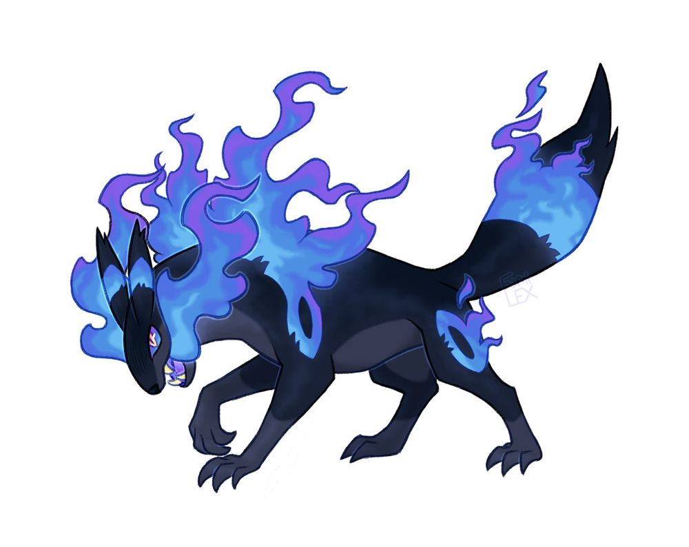 digital art of a hybrid between the pokemon Umbreon (shiny) and Typhlosion. Visually it resembles a canine, but with a bulky upper-body and badger-like face of typhlosion. Its body is inky black and the glowing, circular umbreon markings are lit with blue and purple flames. These same flames also spill out from the sides of its mouth and along its neck. It is posed somewhat crouched, wickedly sharp teeth bared and a threat gleaming in its gold and blue eyes