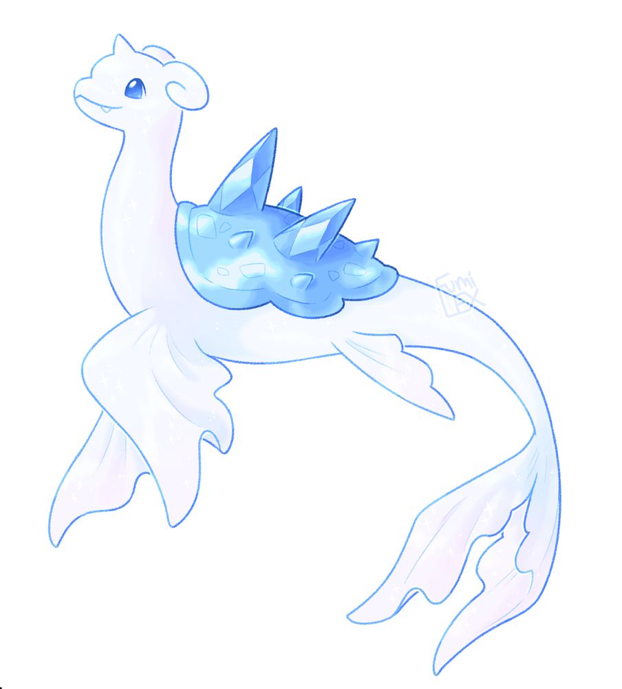digital art of a pokefusion between Lapras and Dewgong. She most resembles dewgong with a pure white, glittering body and little fangs, but has Lapras' plesiosaur anatomy (long neck+ hind fins), curly 'ears', and horn. Her shell has the same blue, icy material and spikes seen on vanilluxe. Overall, she resembles a beluga-plesiosaur hybrid with an ice shell. 