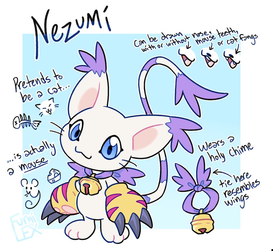 digital art of my new digisona (digimon sona) named Nezumi. She's a Gatomon / Tailmon except instead of a cat, she's actually a mouse who pretends to be one (which is what tailmon's was originally meant to be) She can be drawn with or without a visible nose, mouse teeth, or cat fangs. She wears a holy chime around her neck, with the tie on it resembling miniature wings.
#digifake #digimonoc #oc 