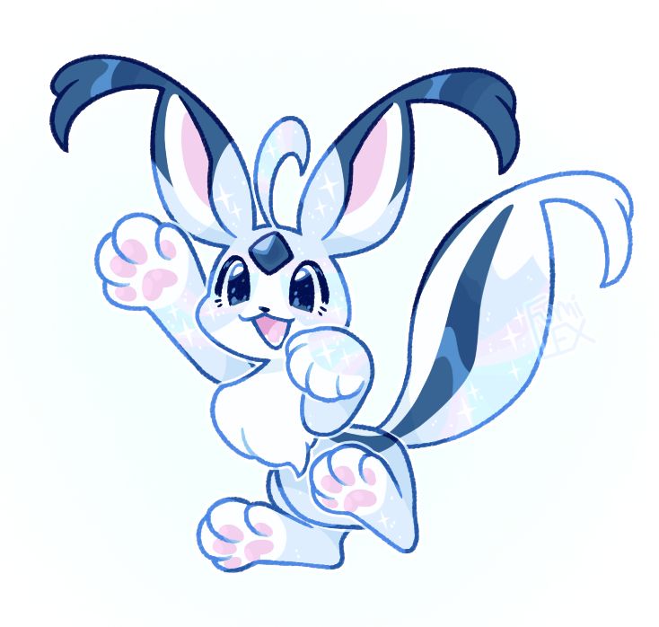 digital art of my carbuncle fursona, Mythril. In this form, she has the body of a chibi fox with big, plush paws. Her fur is white, dark glossy blue, and light silver with a glittering holographic effect. She has long tufts of fur on her ear and tail tips, and a black diamond-shaped gem on her forehead. She is posed mid-jump to show off her cute pink pawpads, and is wearing a joyful/playful expression. 