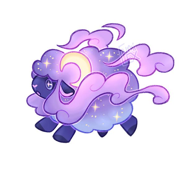 the same digital art of the purple, cloudy sky wooloo as the other in this post, except its eyes are open, revealing purple eyes with light blue scleras. Its pupils are glowing yellow stars, to match the ones dotting its fur