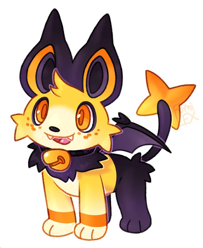 digital art of a pokefusion (pokemon fusion). It is mainly (shiny) Shinx, but with dark purple Noibat ears, neck fluff, and wings. It also has dark ring markings around its eyes, a dark nose, orange freckles, light yellow facial/belly/front paw markings, pointy fangs, and a black collar with a golden bell. 